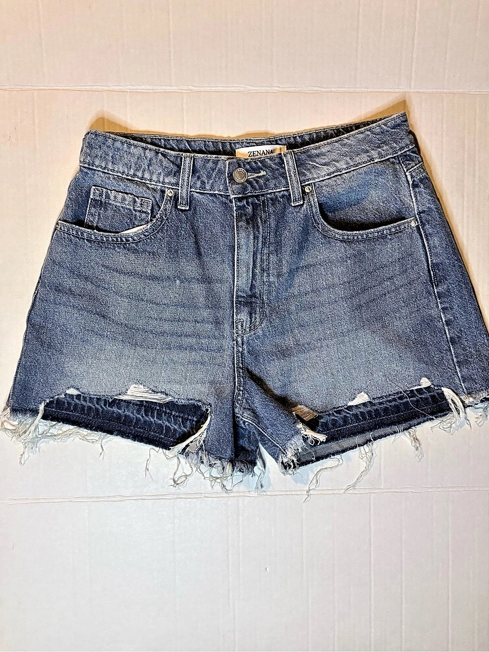 Zenana Women's Distressed Denim Shorts in Blue